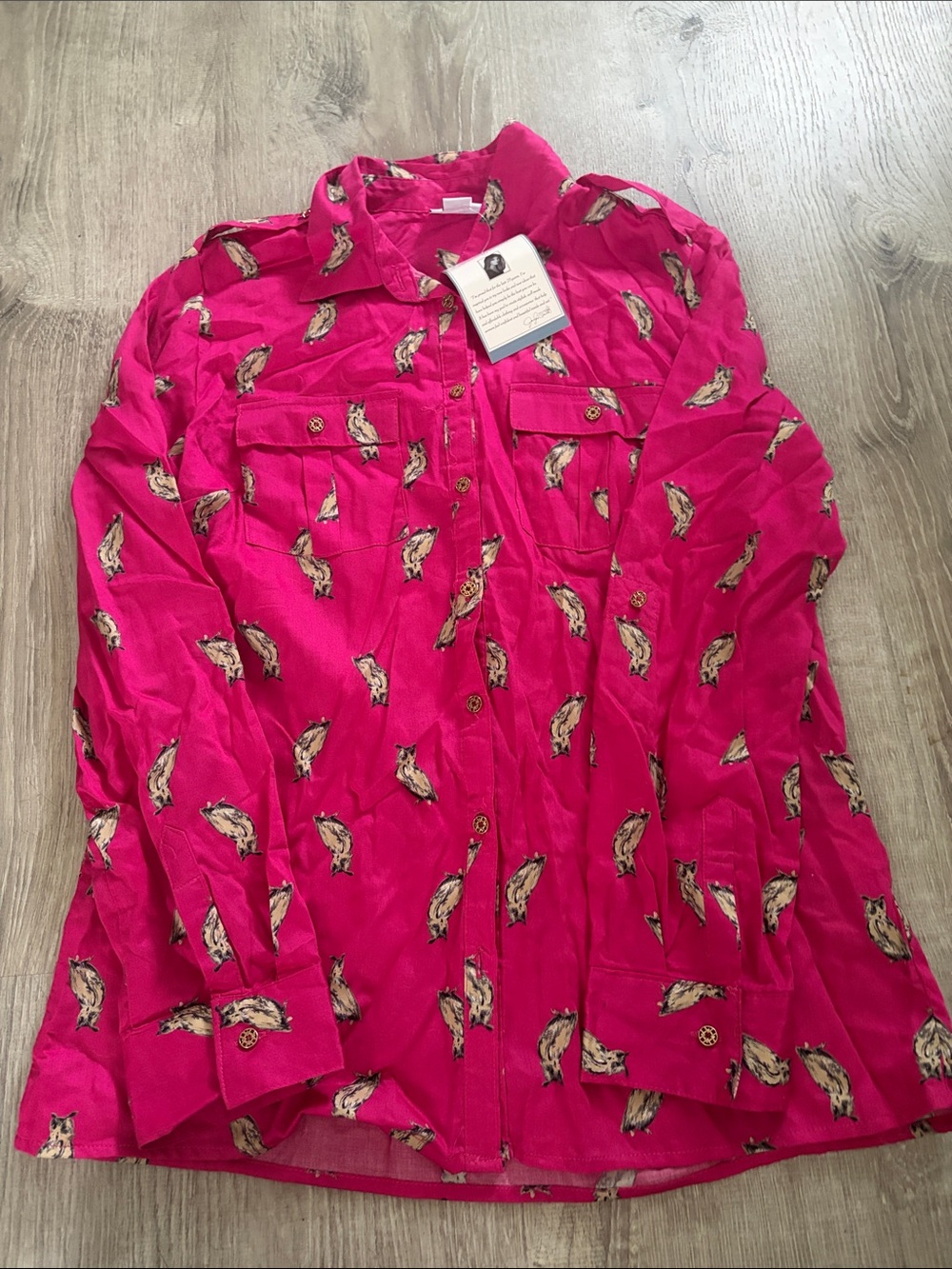 Bright Fuchsia Button-Up Shirt with Owl Print